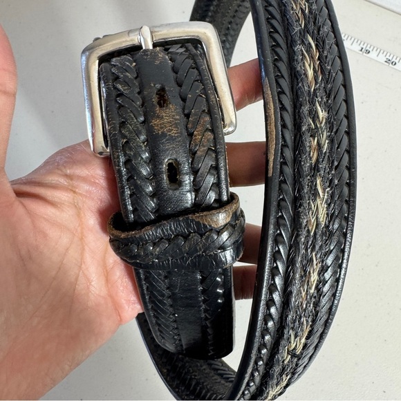 Vintage Western Rustic Tooled Leather Belt Black Silver Buckle Braided Sz 34 - Picture 6 of 16